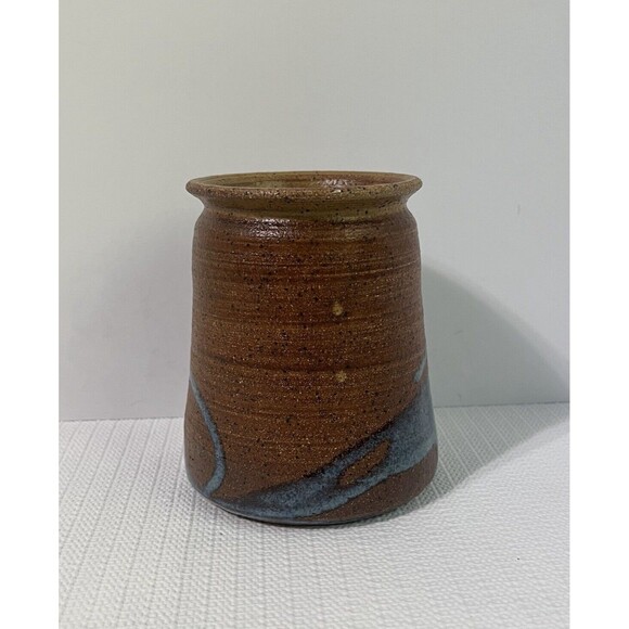 VINTAGE 1977 Stoneware SPOONS Utensil Crock Cobalt Blue Drip Glaze Artist Signed - Picture 5 of 12